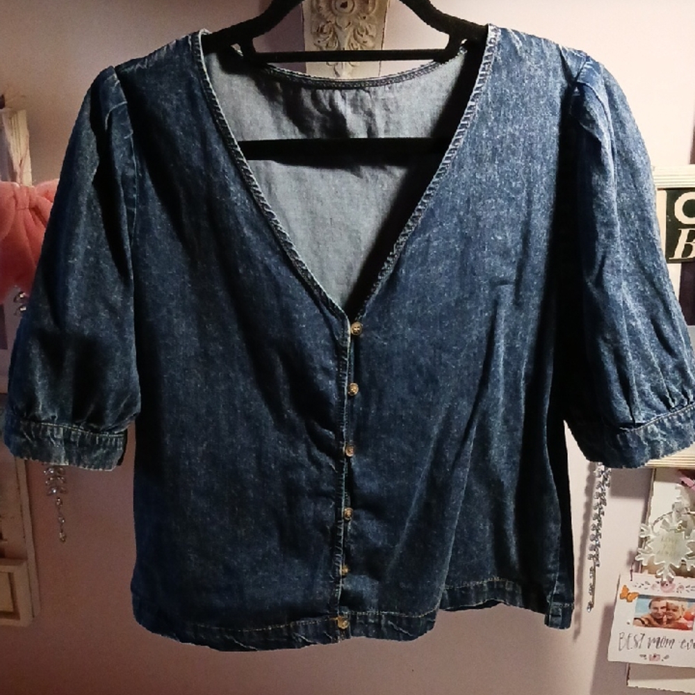 Elegant! Puff Sleeve Denim Blue Women's Top L *New* ⚜️👑⚜️